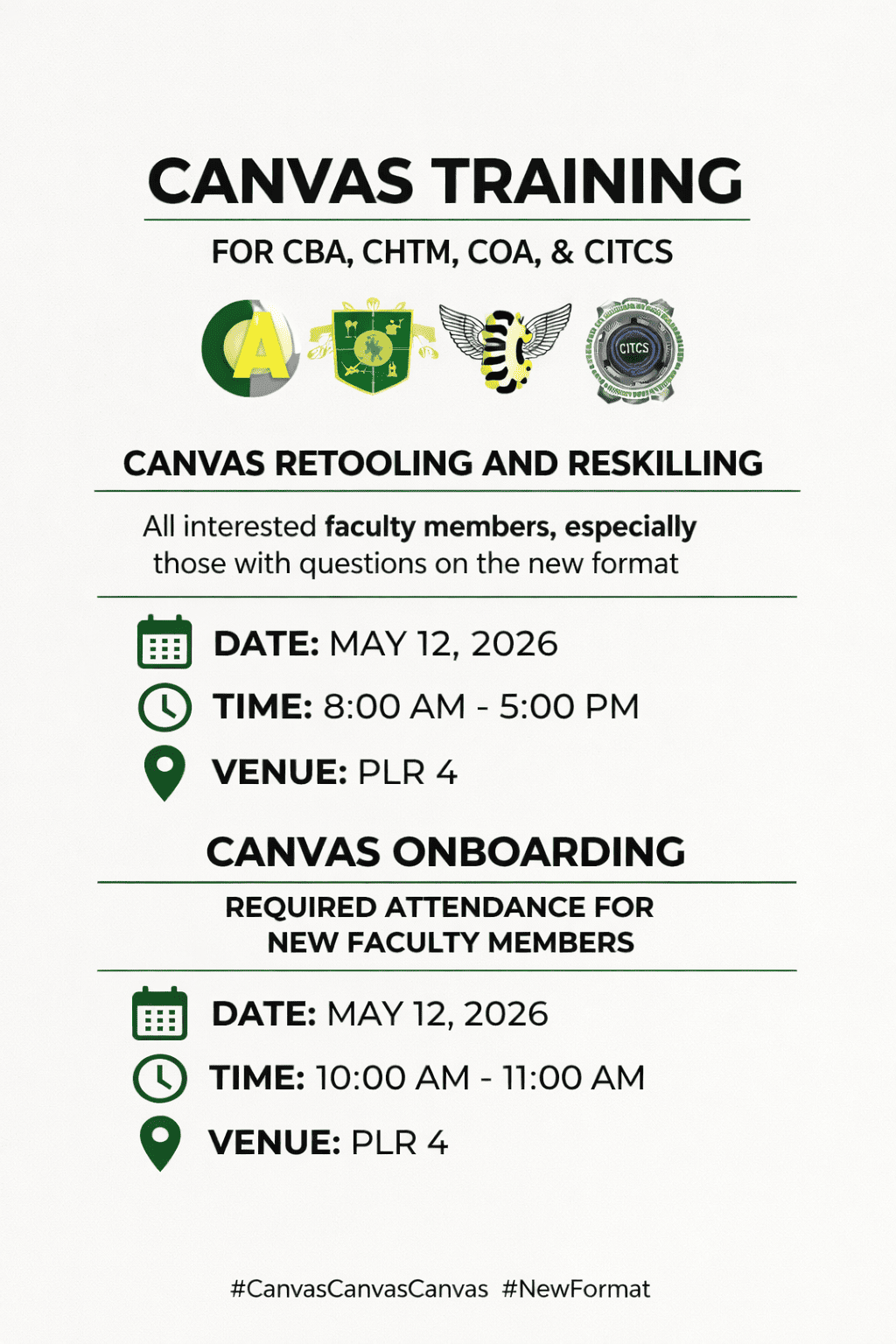 Canvas LMS Retooling and Reskilling for COA, CBA, CHTM and CITCS Faculty