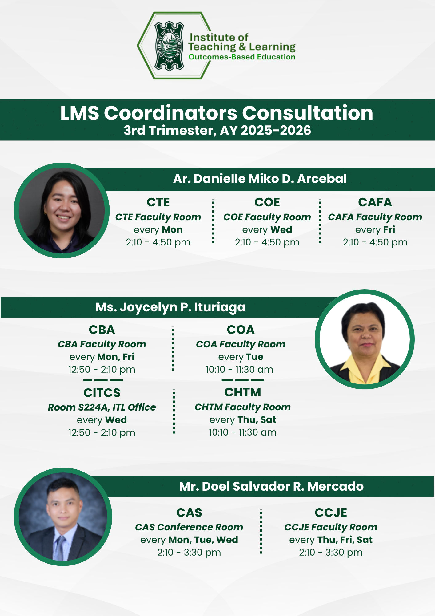 LMS Coordinators Consultation Schedule for 3rd Trimester, AY 2025-2026